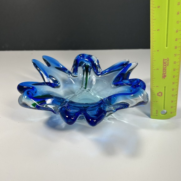 Hand-Blown  Style Art Glass Bowl - Blue & Green Wave Design - Picture 8 of 9